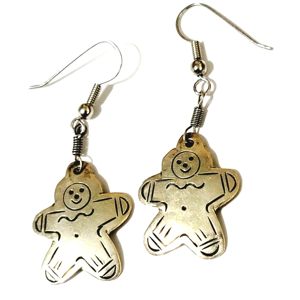 Vintage Christmas Gingerbread Man Long Dangle Pierced Earrings, Silver & Black
